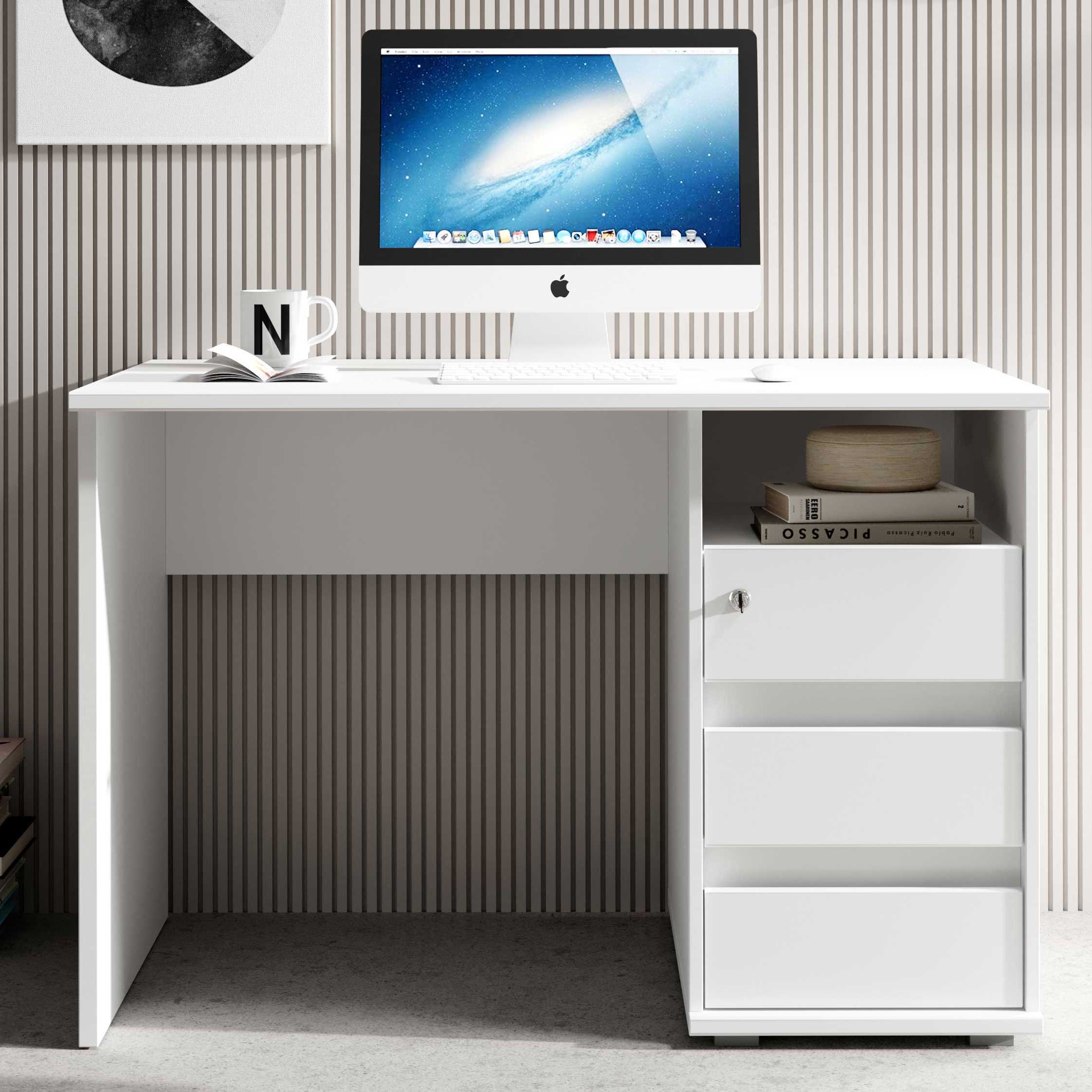 Bureau Primos 110cm avec 3 tiroirs - blanc