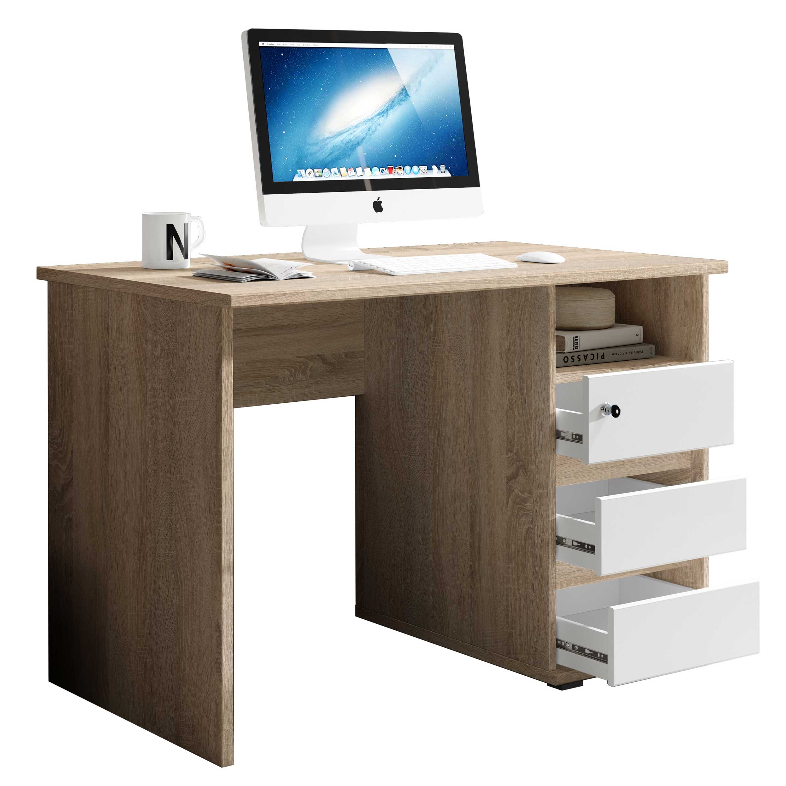 Bureau Primos 110cm avec 3 tiroirs - chêne - Image 3