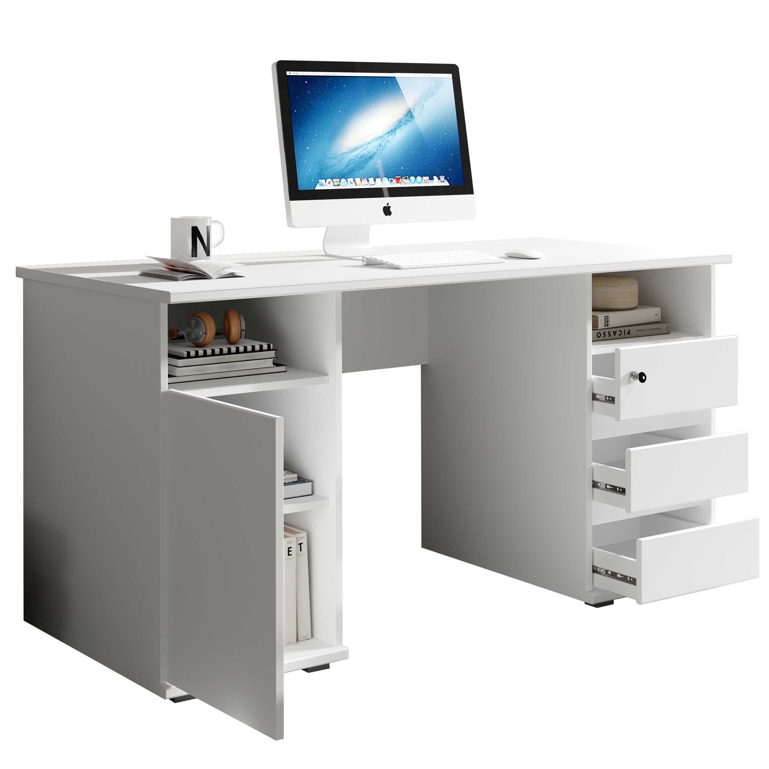Bureau Primos 145cm avec 3 tiroirs & 1 porte - blanc - Image 2