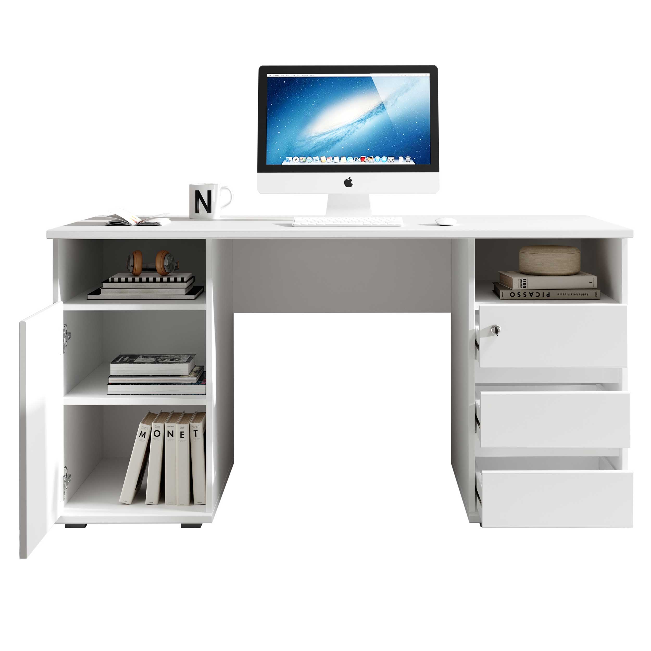 Bureau Primos 145cm avec 3 tiroirs & 1 porte - blanc - Image 3
