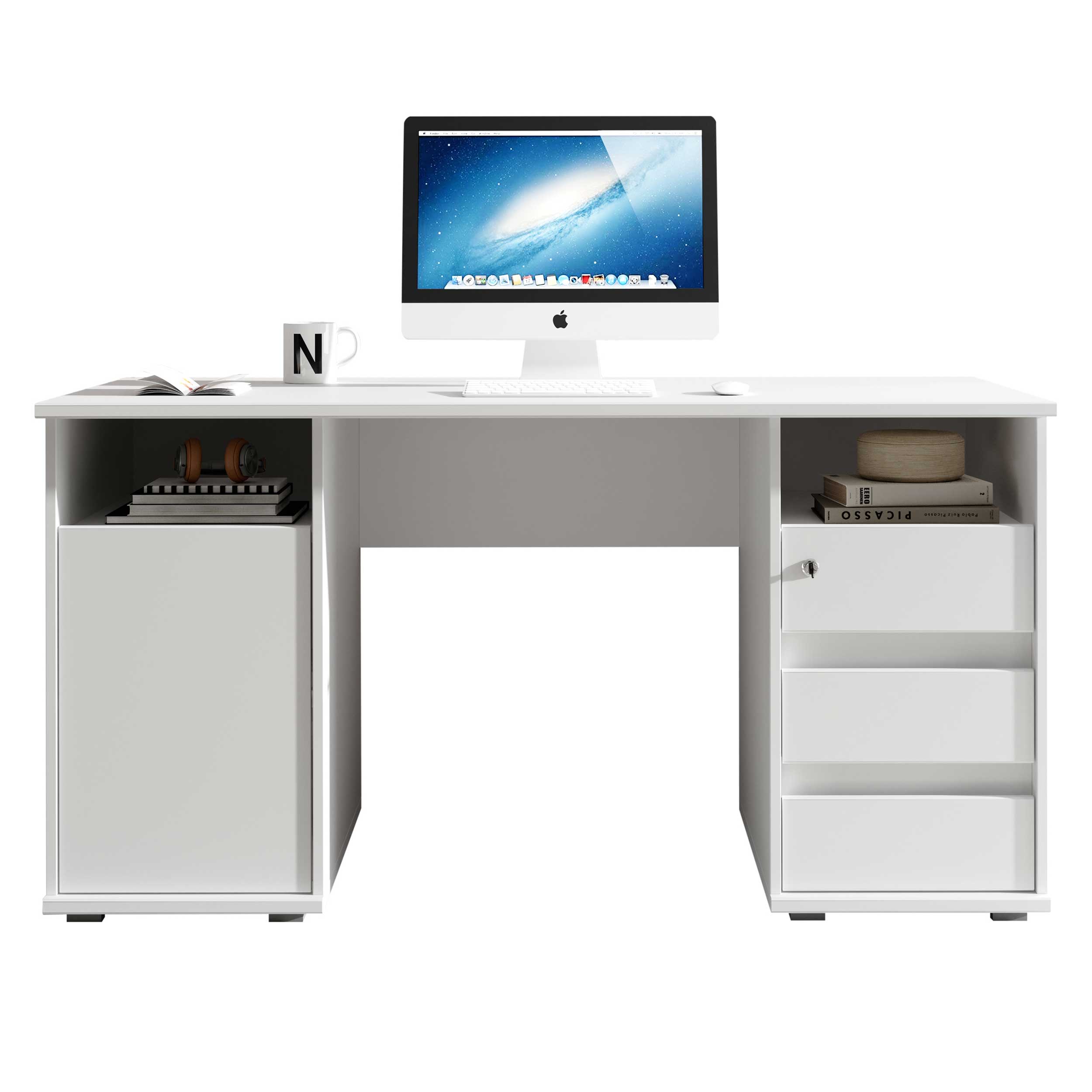 Bureau Primos 145cm avec 3 tiroirs & 1 porte - blanc - Image 8