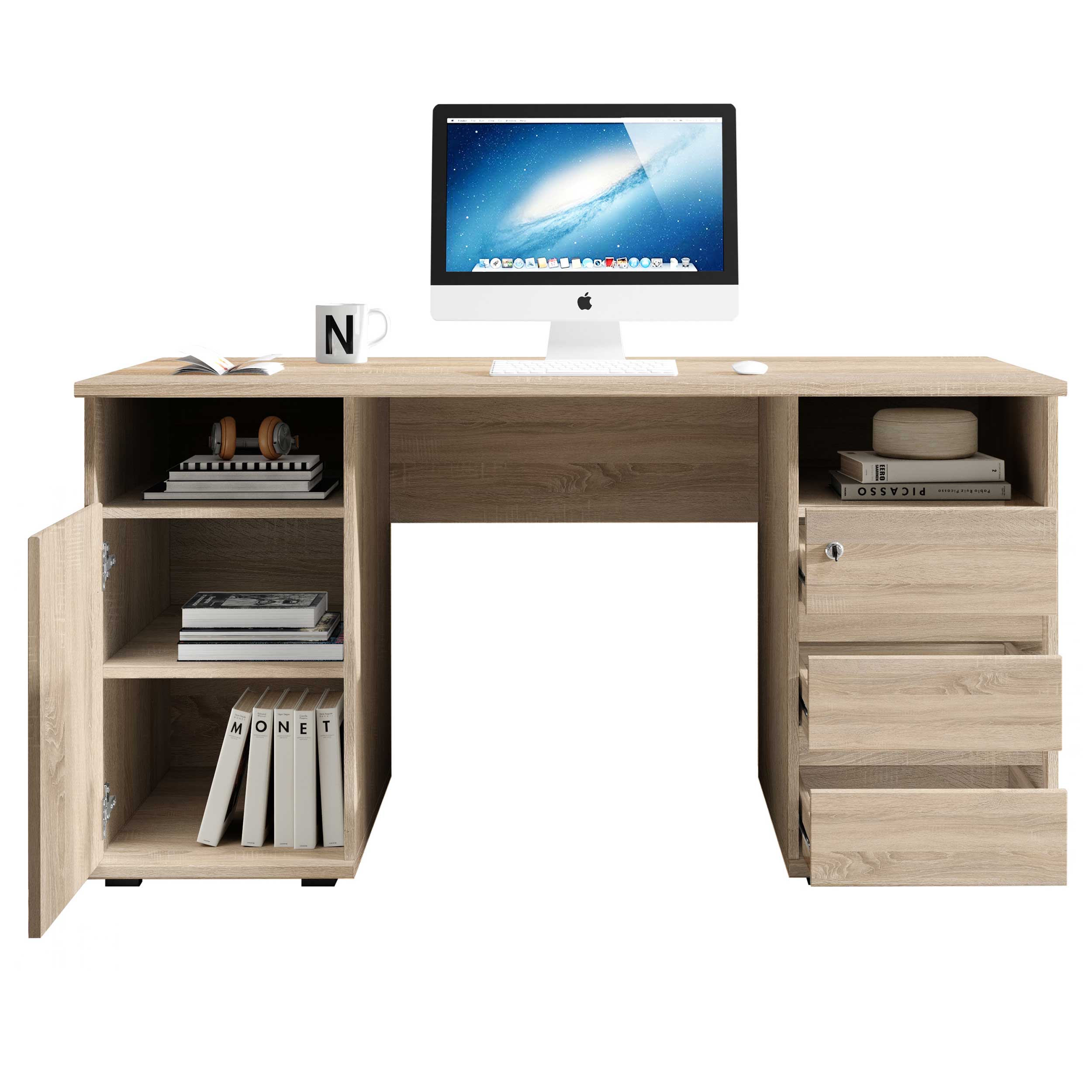 Bureau Primos 145cm avec 3 tiroirs & 1 porte - chêne - Image 2