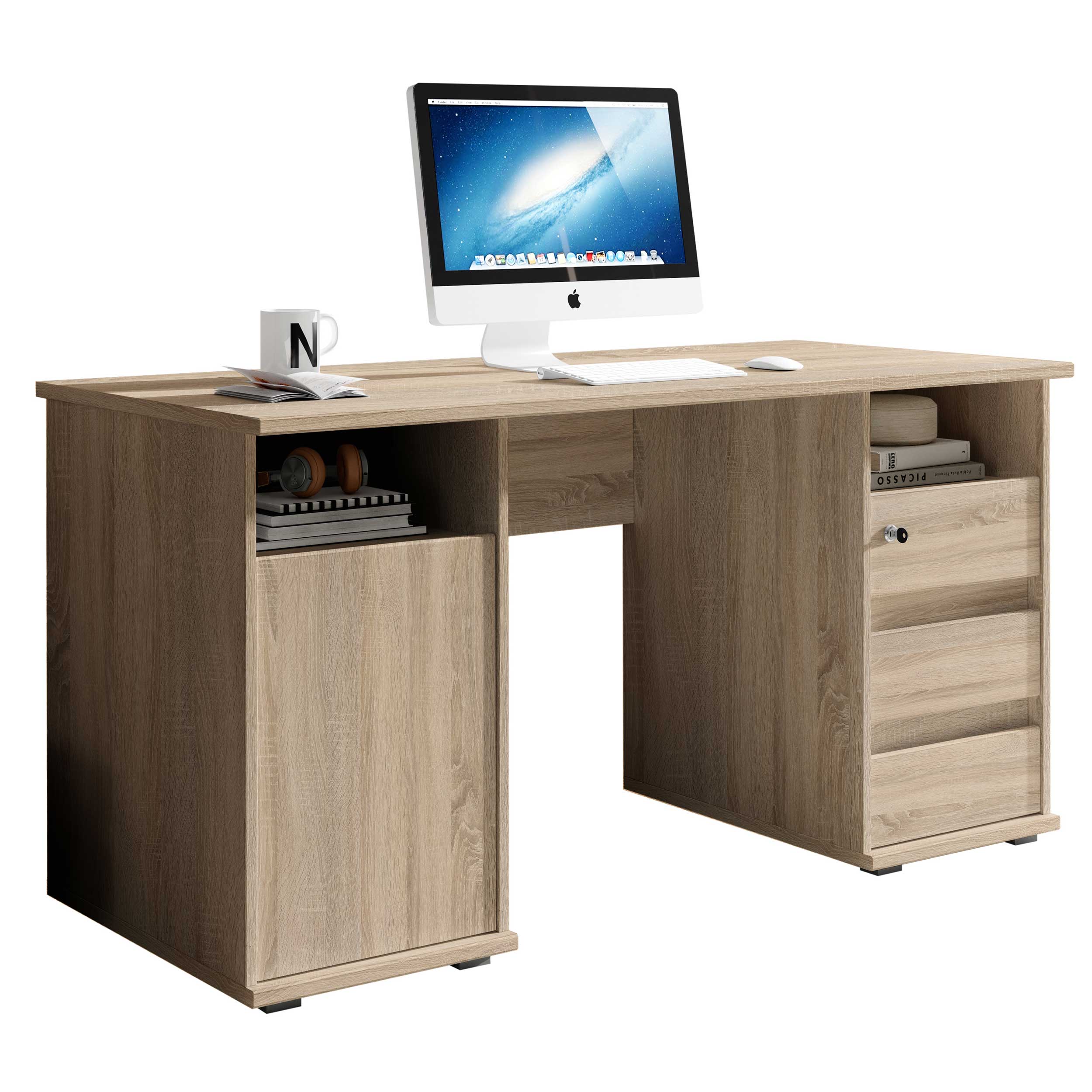 Bureau Primos 145cm avec 3 tiroirs & 1 porte - chêne - Image 3