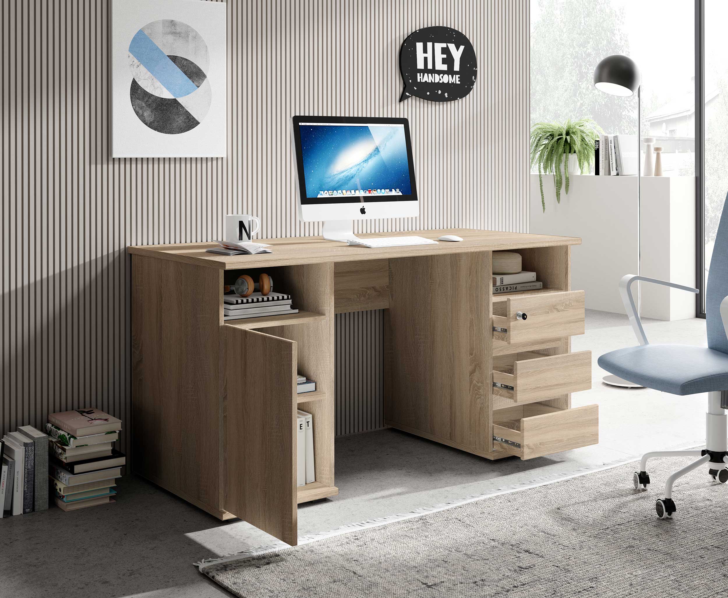 Bureau Primos 145cm avec 3 tiroirs & 1 porte - chêne - Image 6
