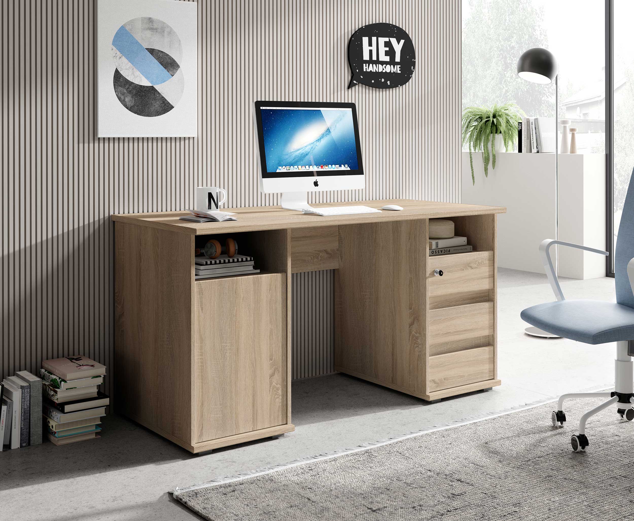 Bureau Primos 145cm avec 3 tiroirs & 1 porte - chêne - Image 7