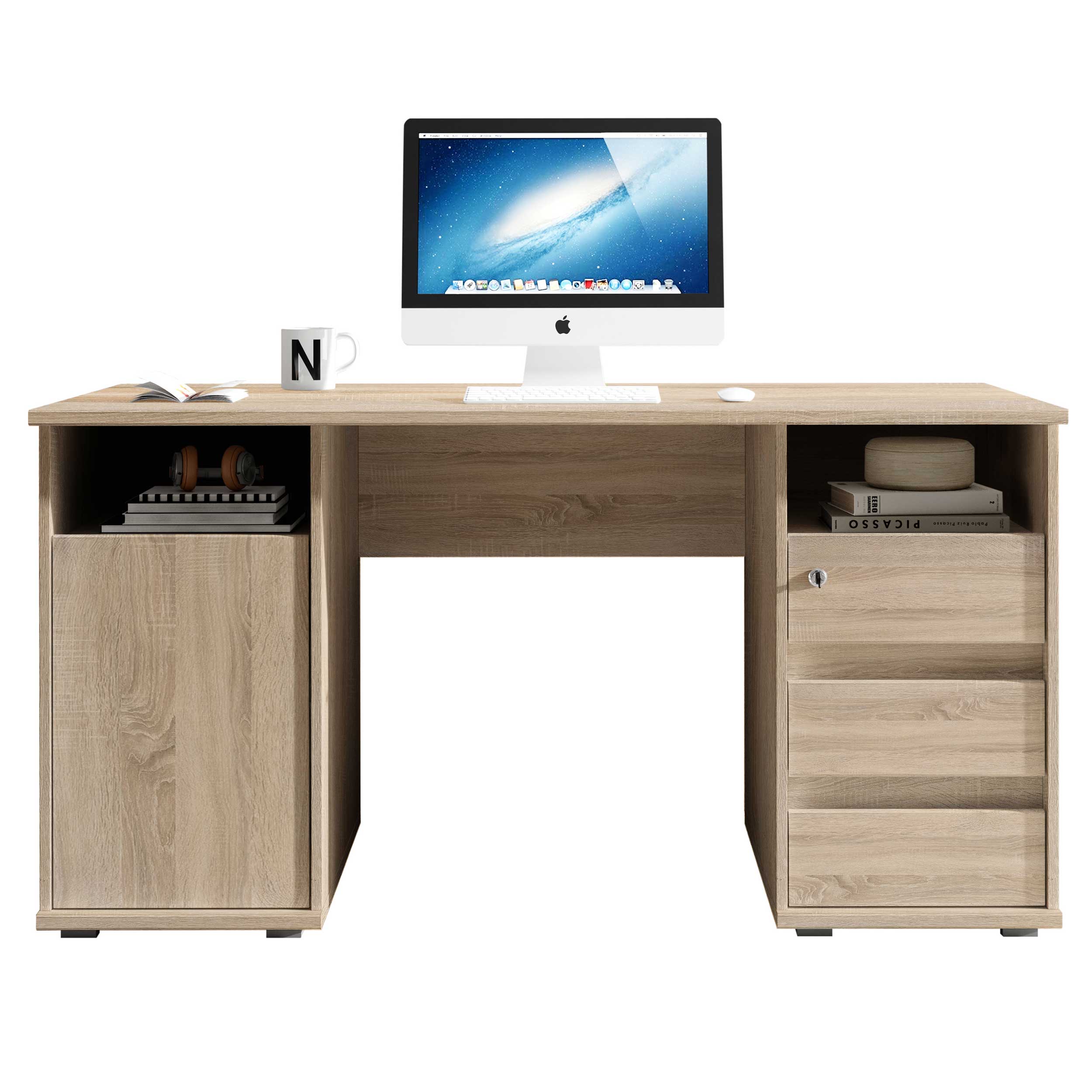 Bureau Primos 145cm avec 3 tiroirs & 1 porte - chêne - Image 8