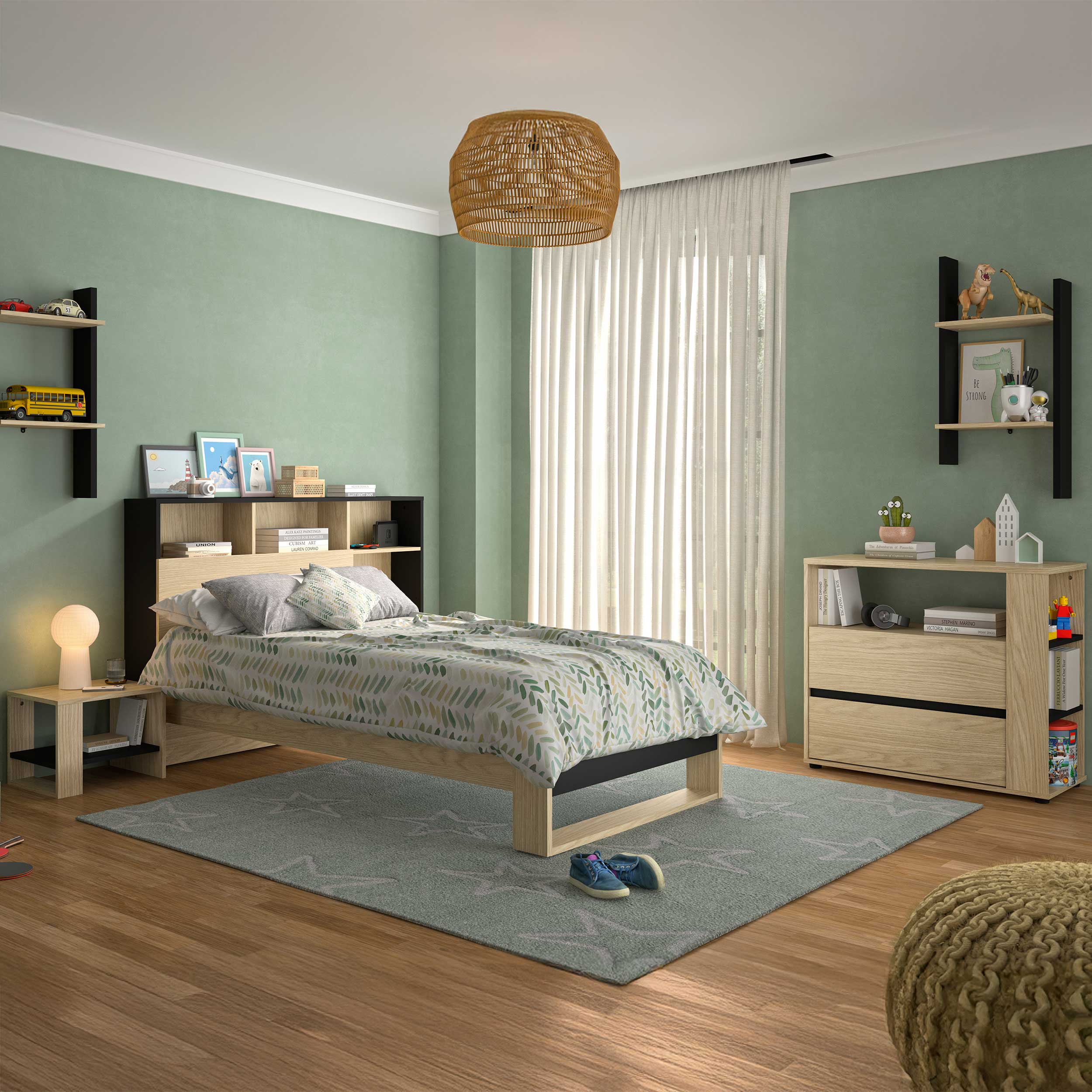 Chambre d'ado Nael: lit 90x200cm avec tête de lit, commode, chevet, étagère - décor chêne/noir