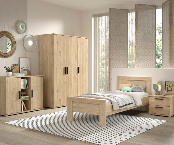 Chambre d'ado Sammie: lit 90x200cm, chevet, armoire, commode - décor chêne