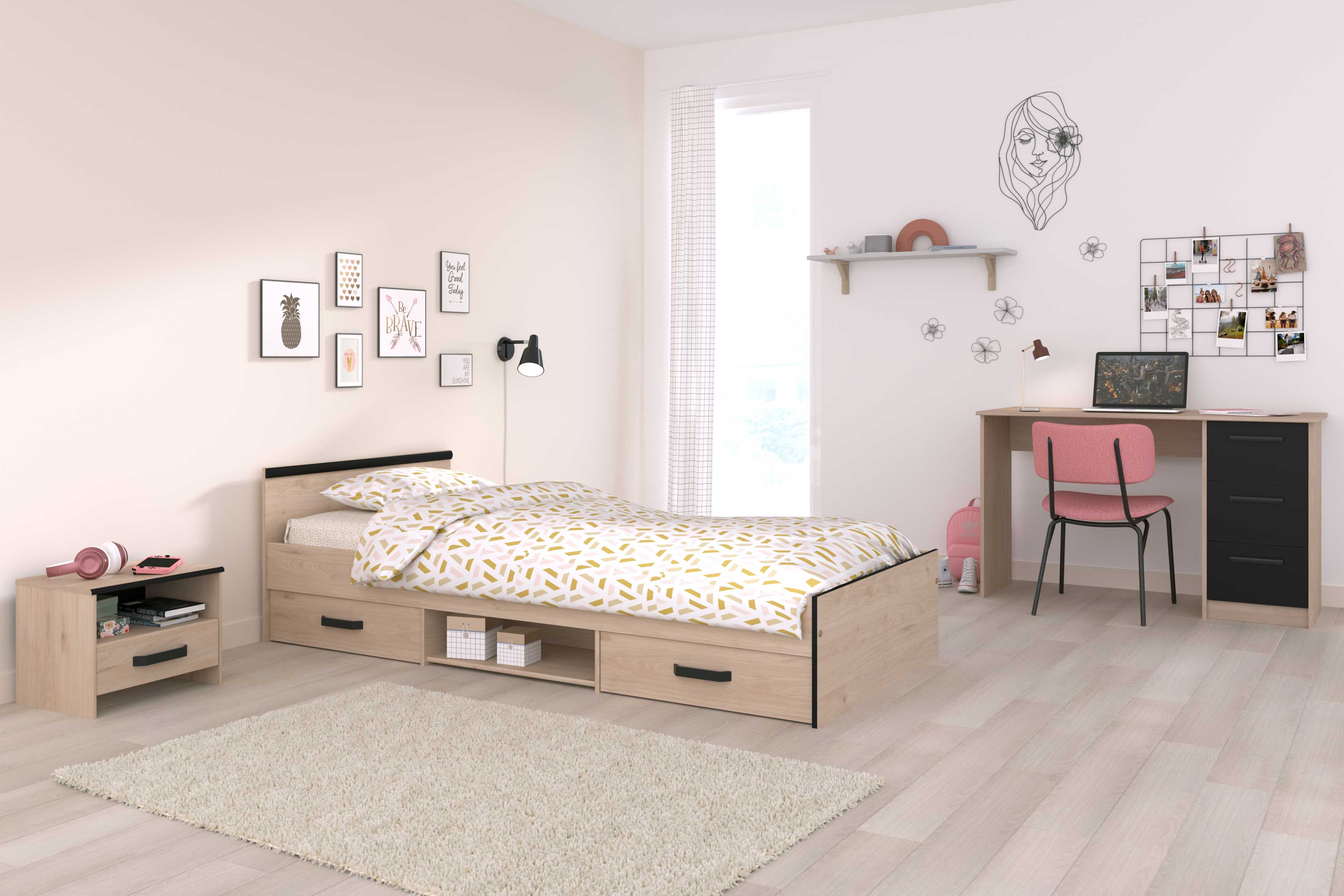 Chambre d'enfant Alma: lit 90x200cm, table de chevet, bureau - décor chêne