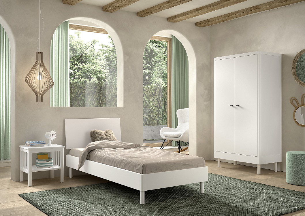 Chambre d'enfant Forrest: chevet, lit 90x200, armoire, - bois de hêtre blanc