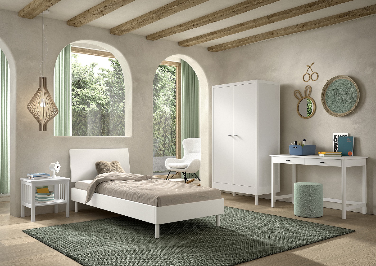 Chambre d'enfant Forrest: chevet, lit 90x200, armoire, bureau - bois de hêtre blanc