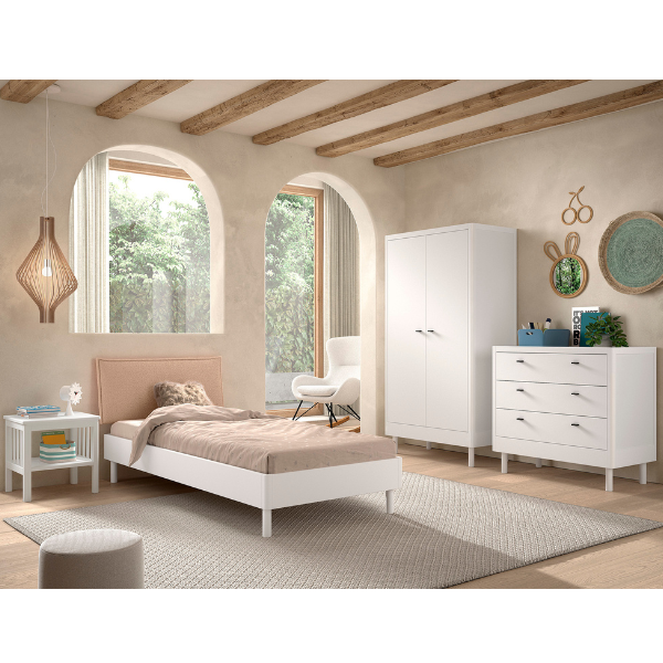 Chambre d'enfant Forrest: chevet, lit 90x200, armoire, commode - bois de hêtre blanc