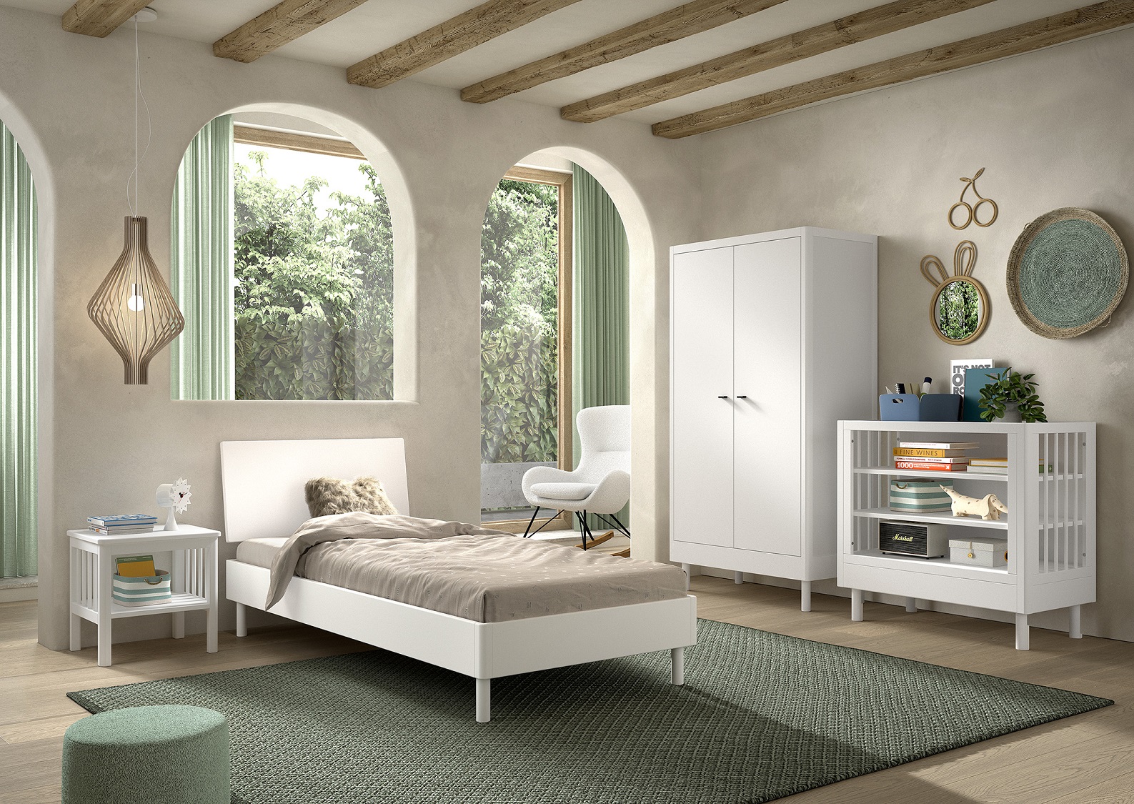 Chambre d'enfant Forrest: chevet, lit 90x200, armoire, étagère - bois de hêtre blanc