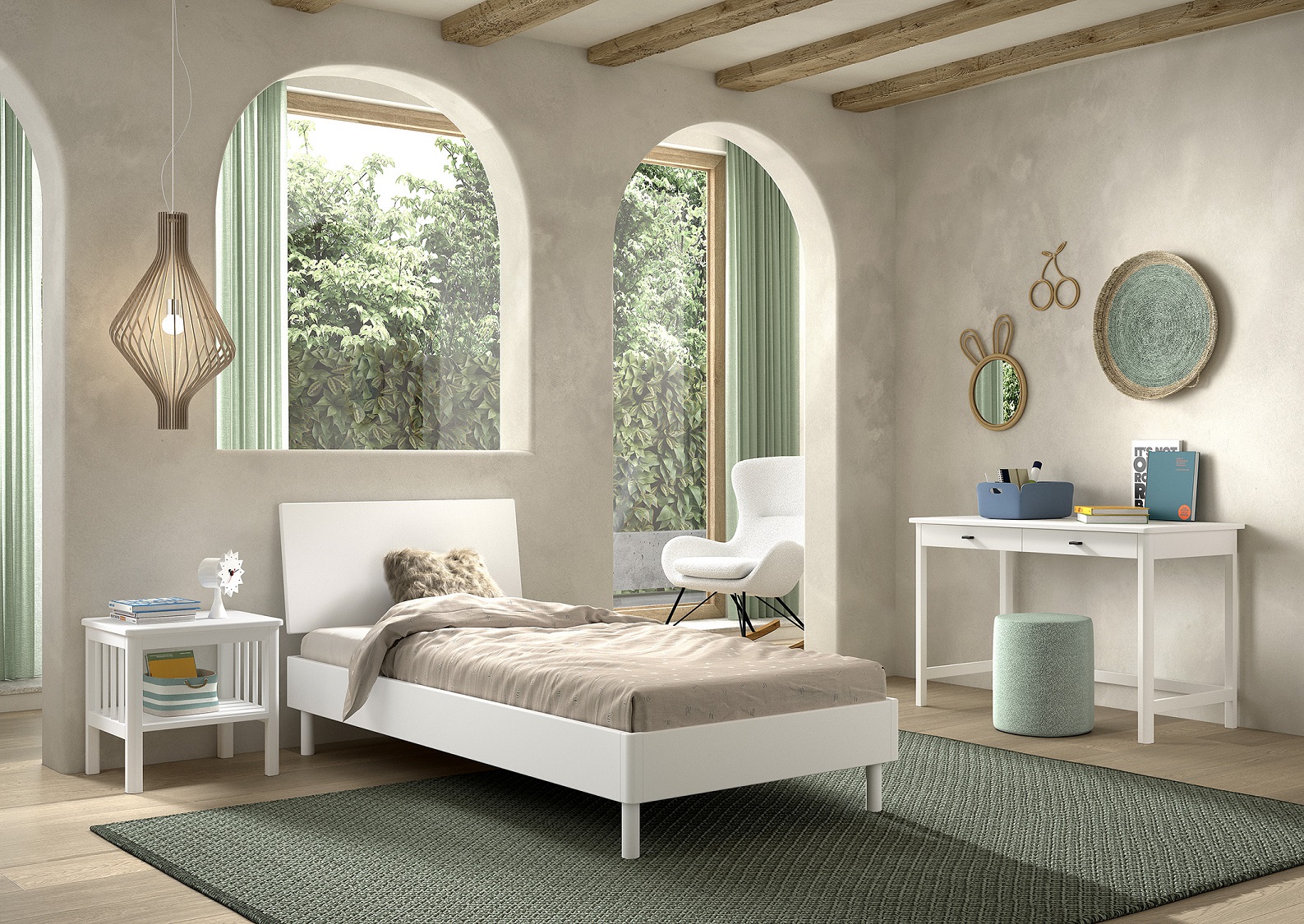 Chambre d'enfant Forrest: chevet, lit 90x200, bureau - bois de hêtre blanc