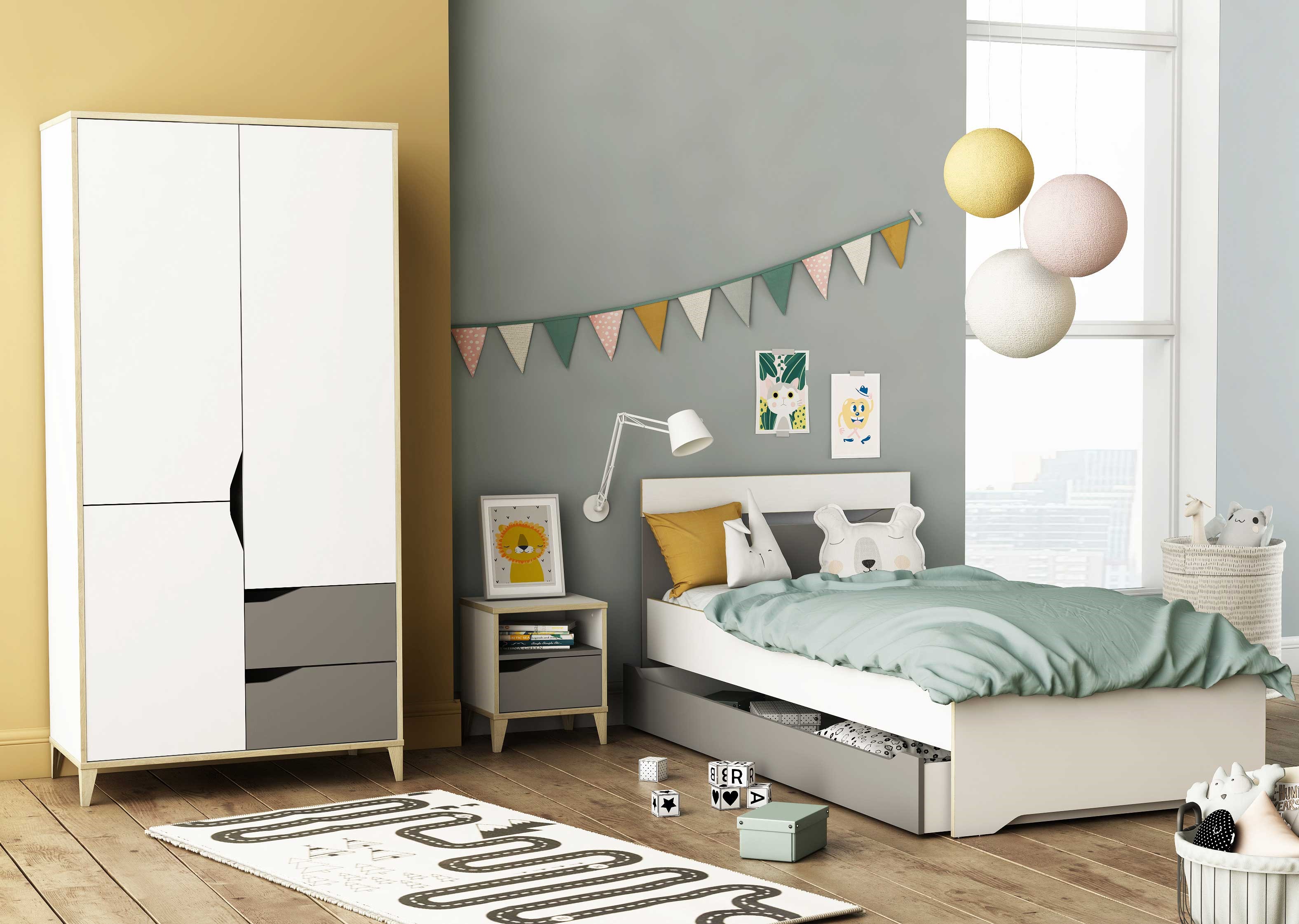 Chambre d'enfant Gerry: lit90x190/200cm avec tiroir, armoire, chevet - blanc