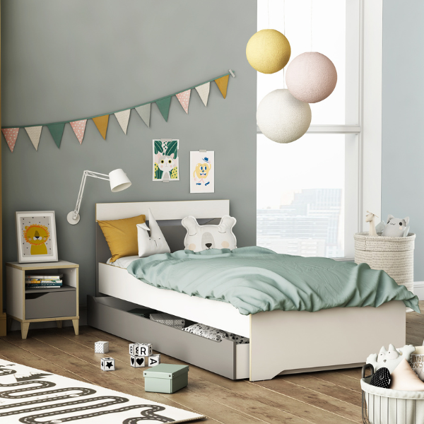 Chambre d'enfant Gerry: lit90x190/200cm avec tiroir, chevet - blanc