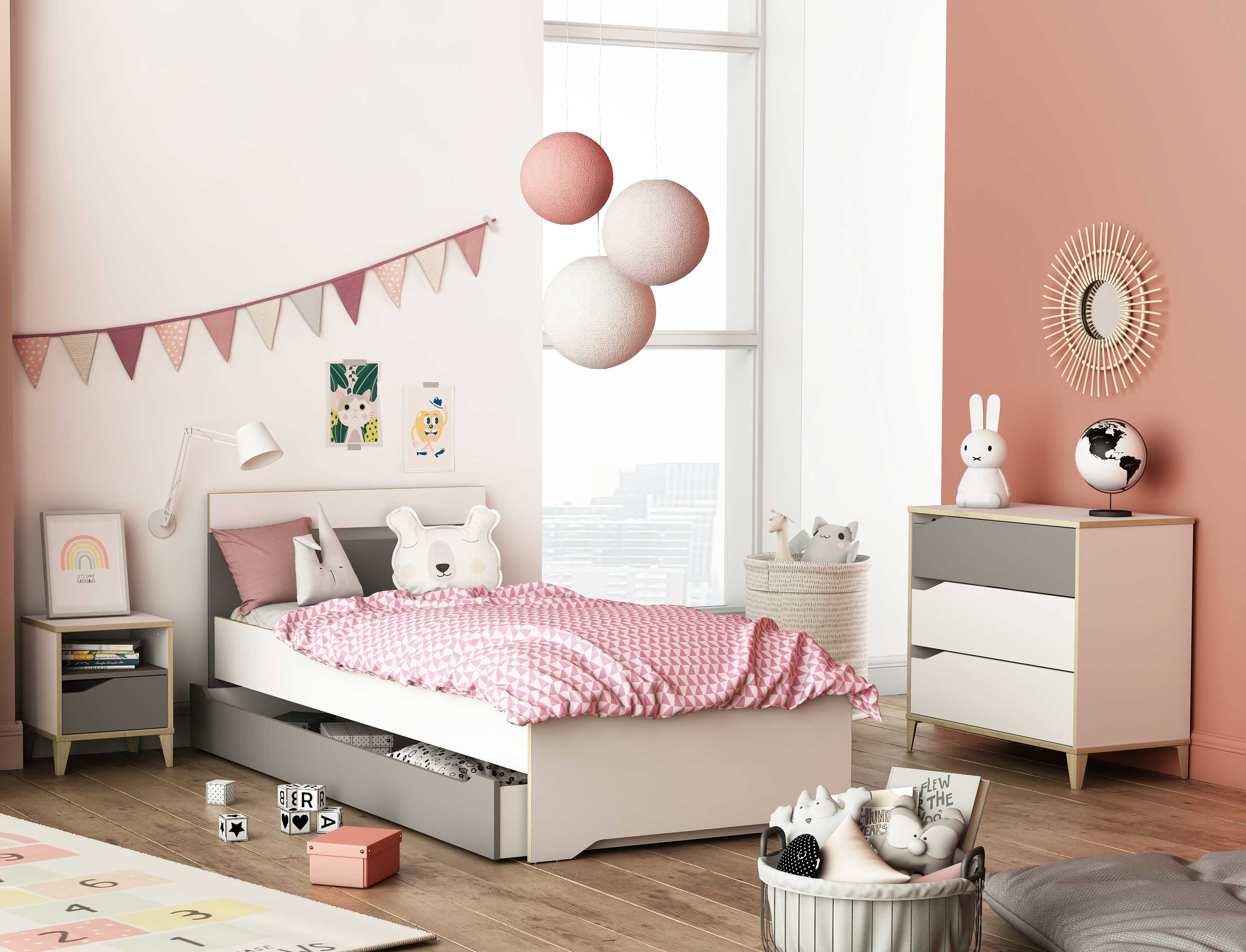 Chambre d'enfant Gerry: lit90x190/200cm avec tiroir, chevet, commode - blanc