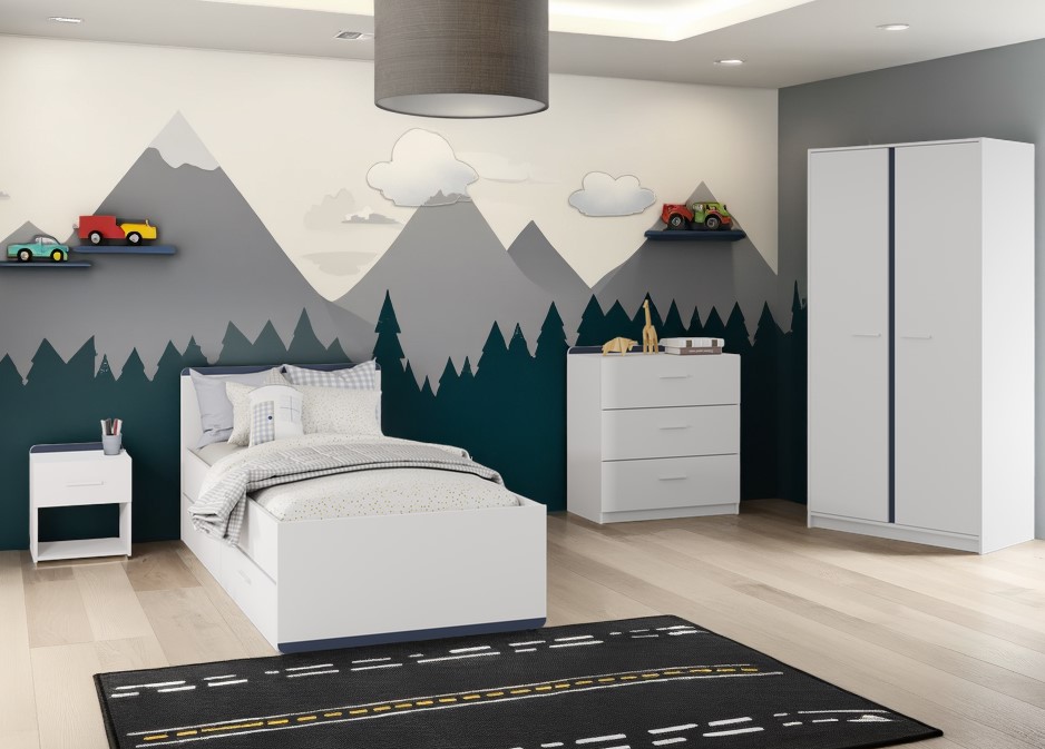 Chambre d'enfant Reverso: lit 90x190/200 avec tiroirs, chevet, commode, armoire - blanc/bleu