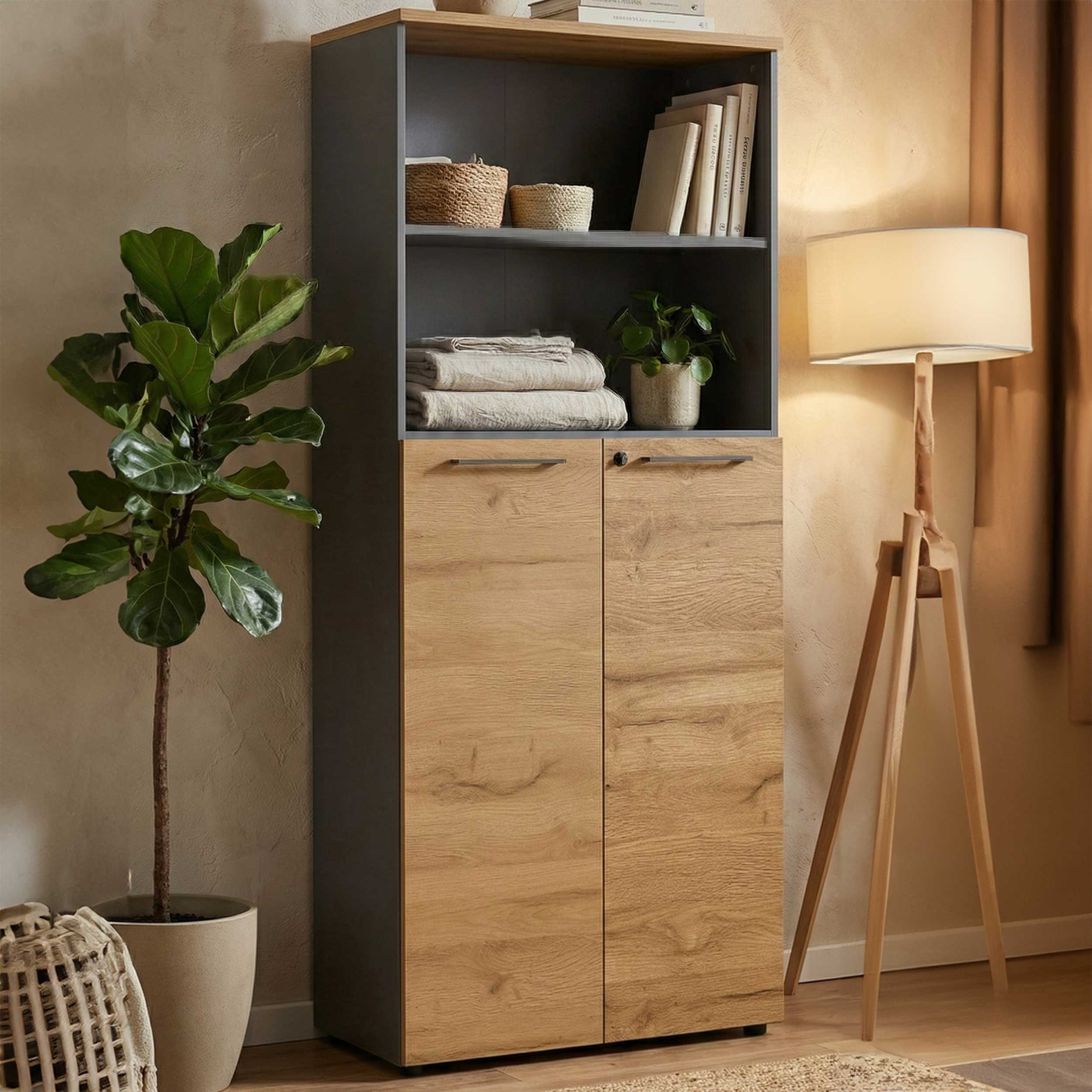 Classeur Osmond 80cm à 2 portes & 2 niches - chêne/graphite - Image 1