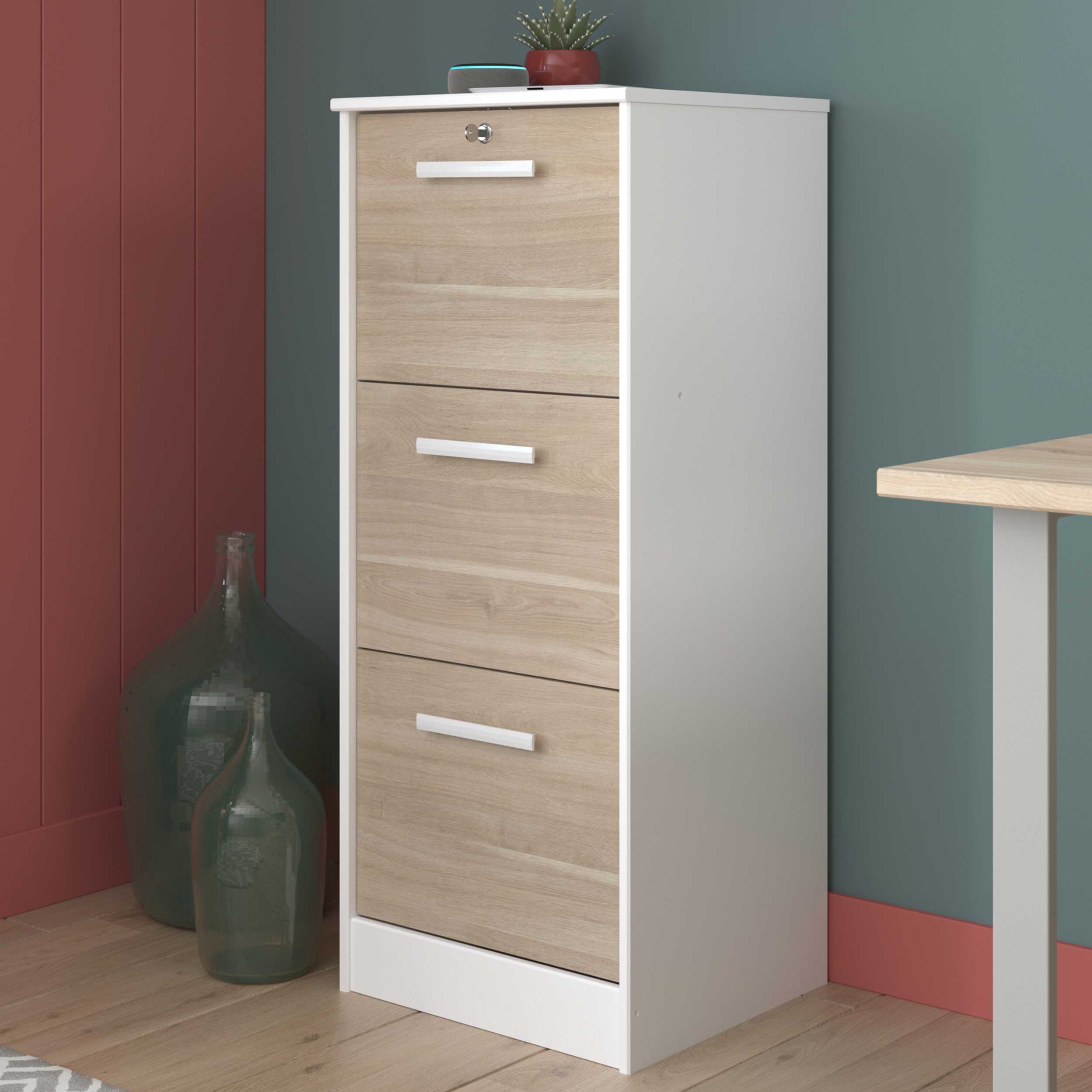 Classeur pour dossiers Sil-106cm-3 tiroirs-blanc/chêne