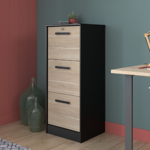 Classeur pour dossiers Sil-106cm-3 tiroirs-noir/chêne