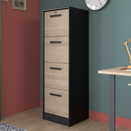 Classeur pour dossiers Sil-138cm-4 tiroirs-noir/chêne - Image 1