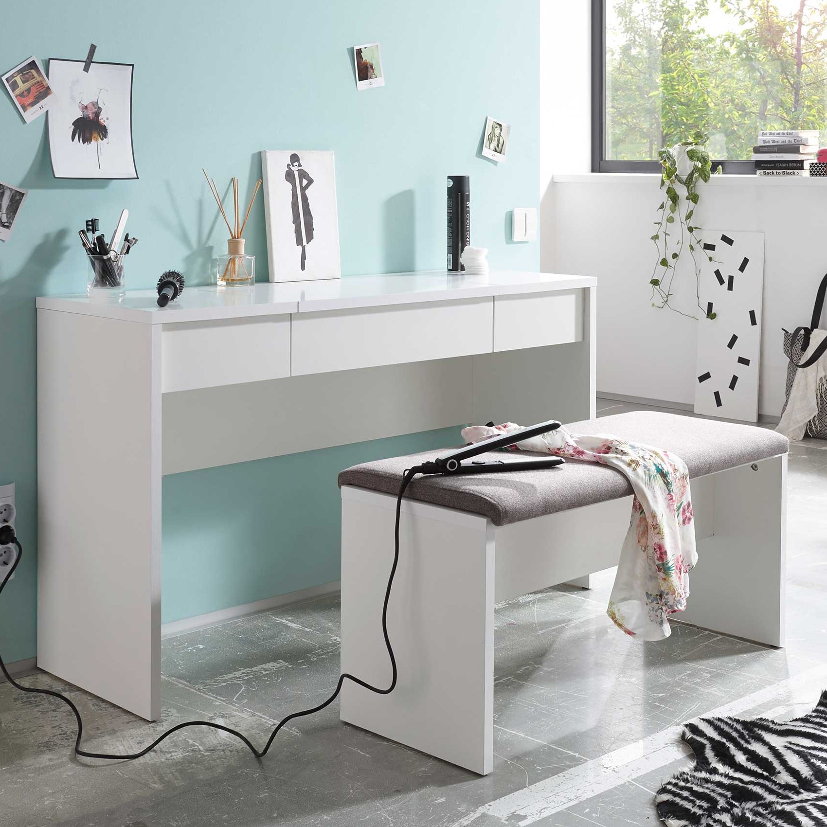 Coiffeuse Alizée 125cm 2 tiroirs & 1 porte - blanc