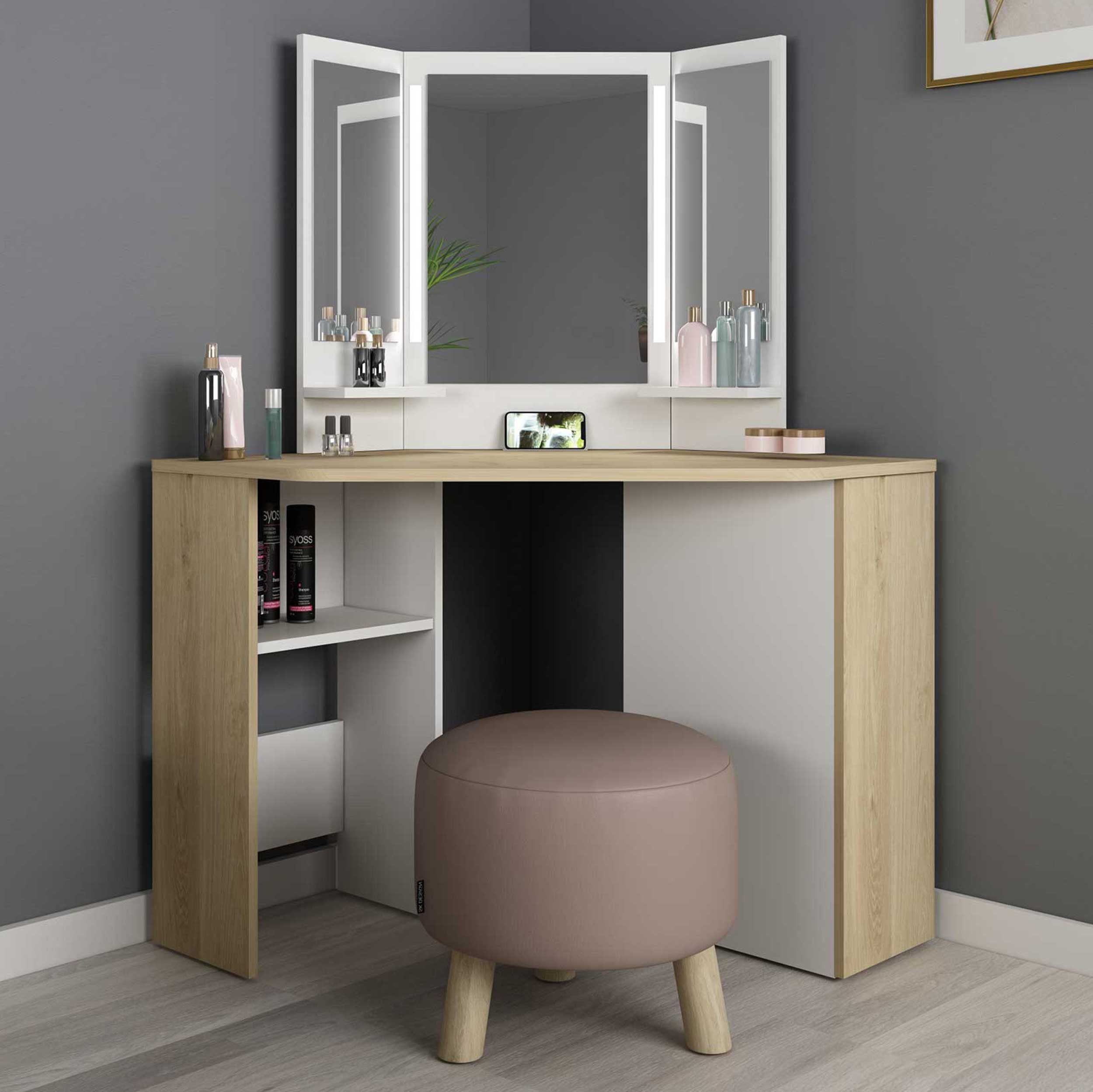 Coiffeuse d'angle Chic - chêne/blanc