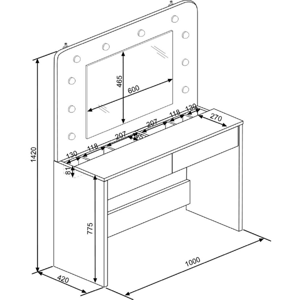 Coiffeuse Holly avec miroir et éclairage 2 tiroirs aggloméré - blanc/rose - Image 2