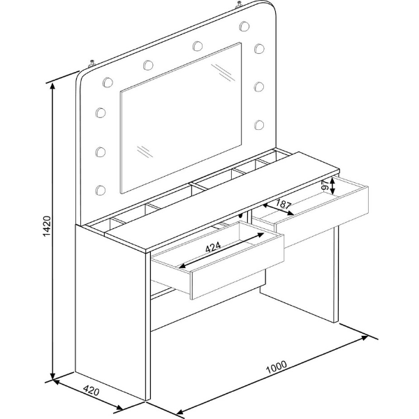 Coiffeuse Holly avec miroir et éclairage 2 tiroirs aggloméré - blanc/rose - Image 3