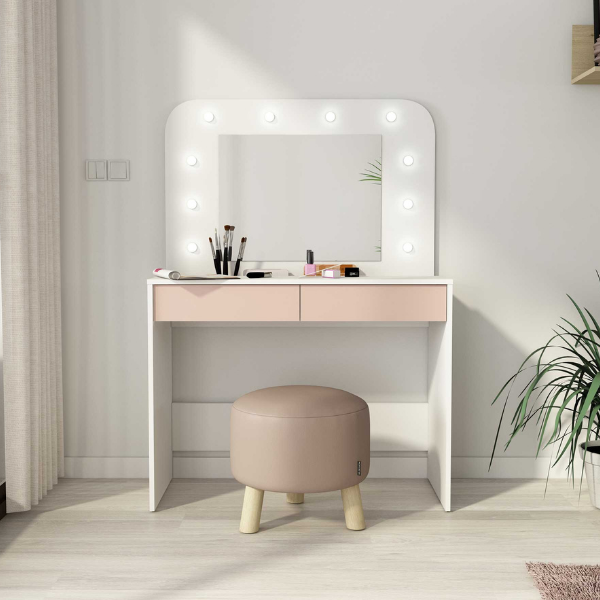 Coiffeuse Holly avec miroir et éclairage 2 tiroirs aggloméré - blanc/rose - Image 4