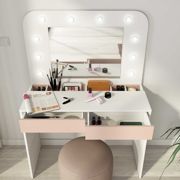 Coiffeuse Holly avec miroir et éclairage 2 tiroirs aggloméré - blanc/rose - Image 5