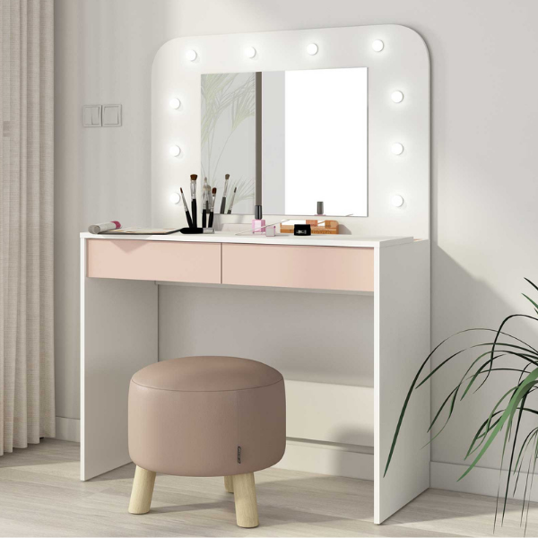 Coiffeuse Holly avec miroir et éclairage 2 tiroirs aggloméré - blanc/rose - Image 1