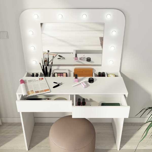 Coiffeuse Holly avec miroir et éclairage 2 tiroirs aggloméré - blanc - Image 5