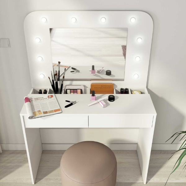 Coiffeuse Holly avec miroir et éclairage 2 tiroirs aggloméré - blanc - Image 6