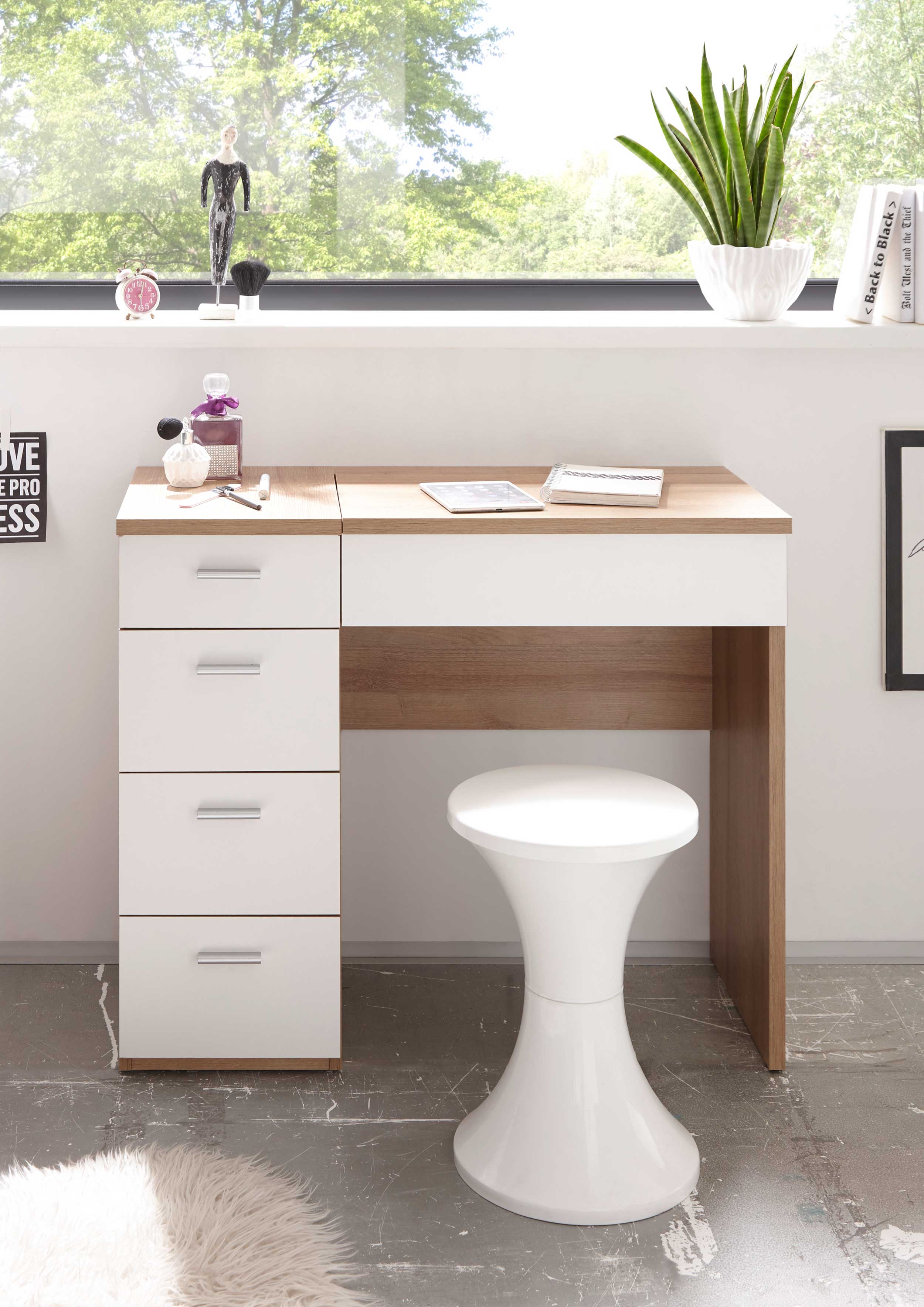 Coiffeuse Loïs 90cm 1 porte & 4 tiroirs - décor en chêne clair/ blanc - Image 3