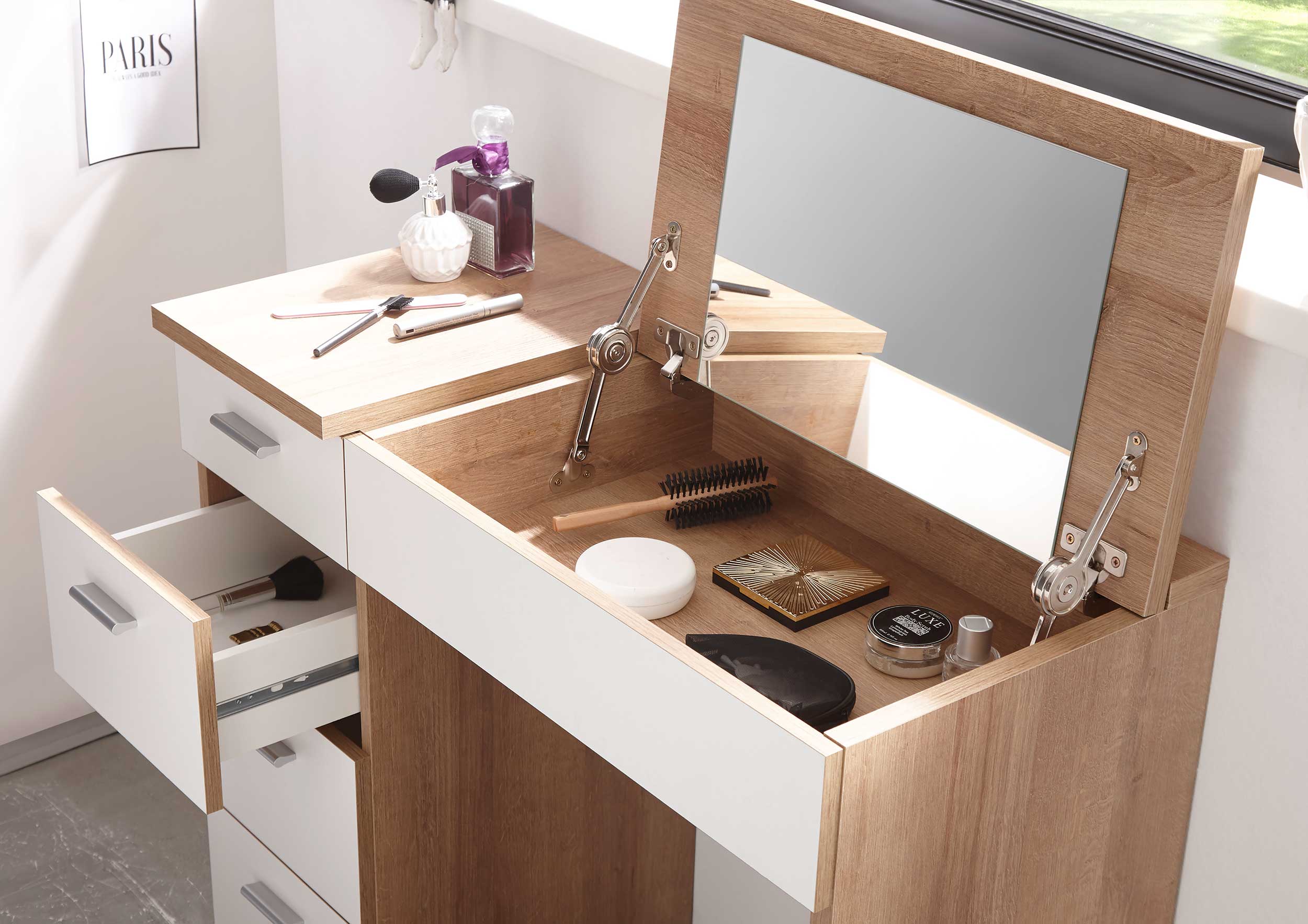 Coiffeuse Loïs 90cm 1 porte & 4 tiroirs - décor en chêne clair/ blanc - Image 6