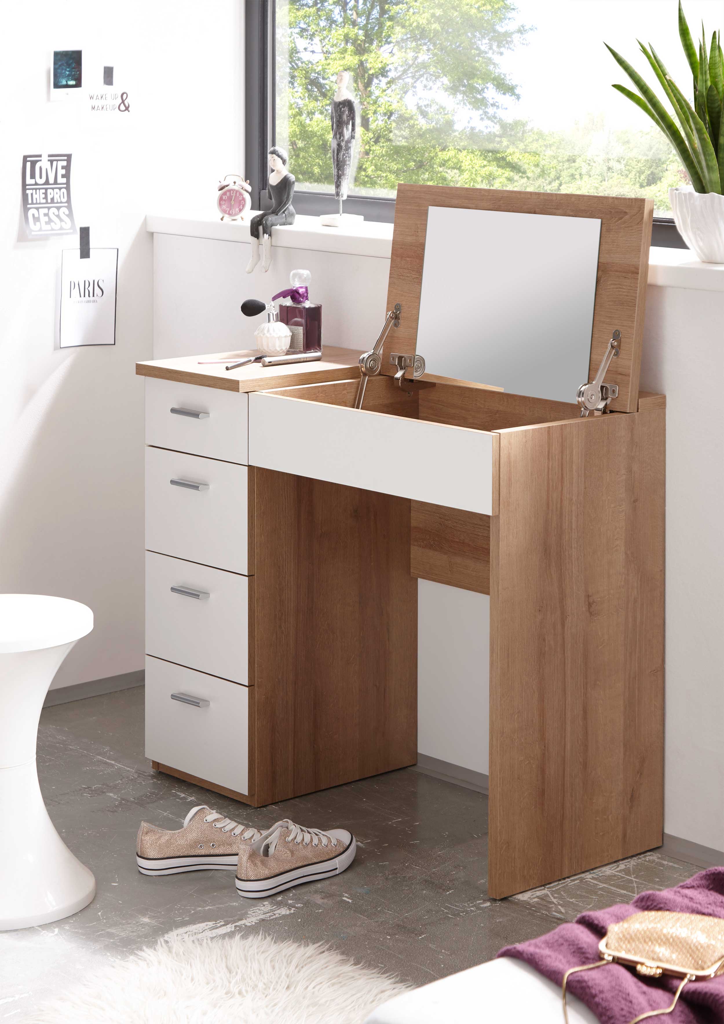 Coiffeuse Loïs 90cm 1 porte & 4 tiroirs - décor en chêne clair/ blanc - Image 7