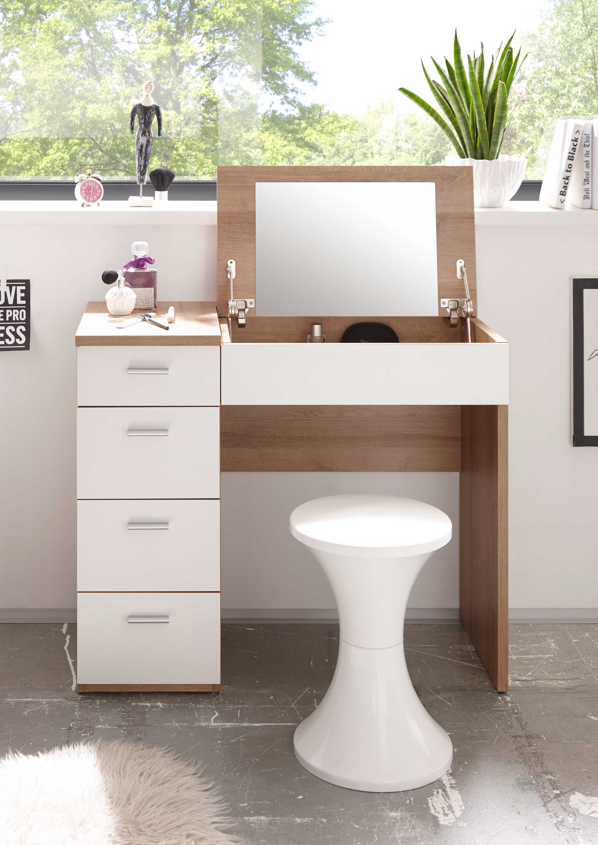 Coiffeuse Loïs 90cm 1 porte & 4 tiroirs - décor en chêne clair/ blanc - Image 8