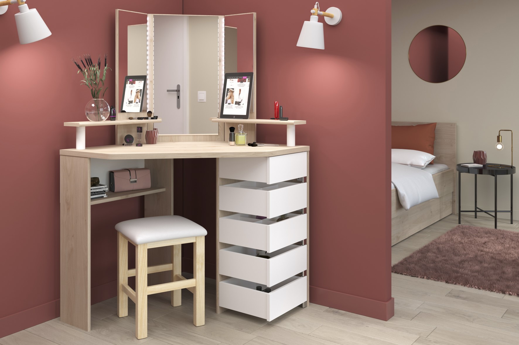 Coiffeuse Sweet avec miroir - chêne/blanc - Image 2