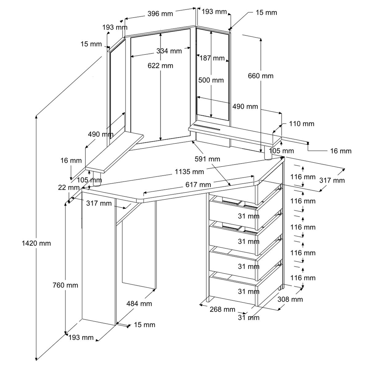 Coiffeuse Sweet avec miroir - chêne/blanc - Image 4