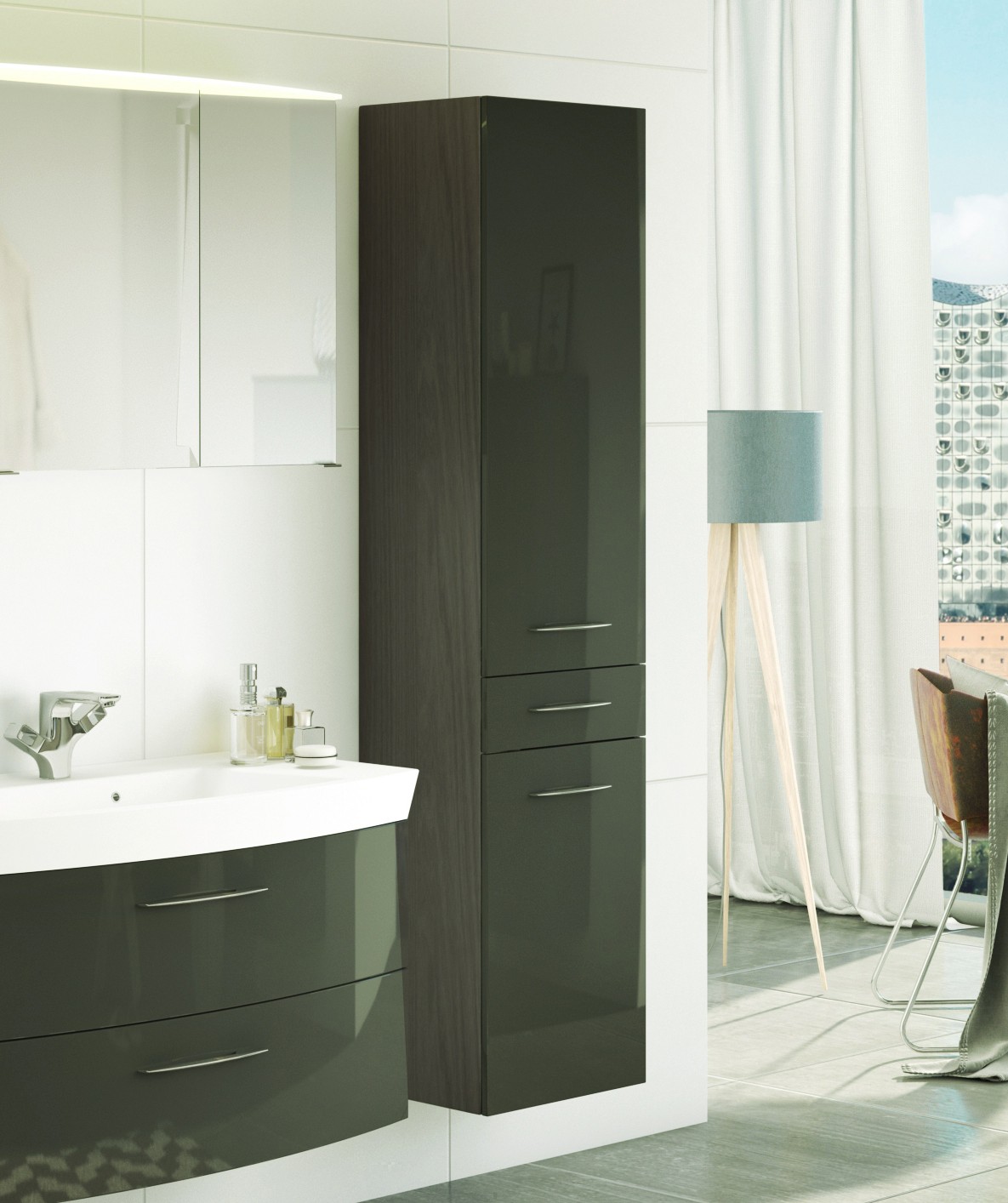 Colonne Florent 40cm avec 2 portes & tiroir - graphite/gris brillant