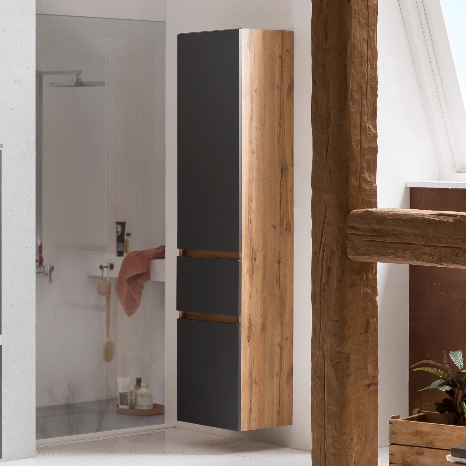 Colonne Kornel/Luna 40cm 2 portes & 1 tiroir - chêne/gris mat - Image 1