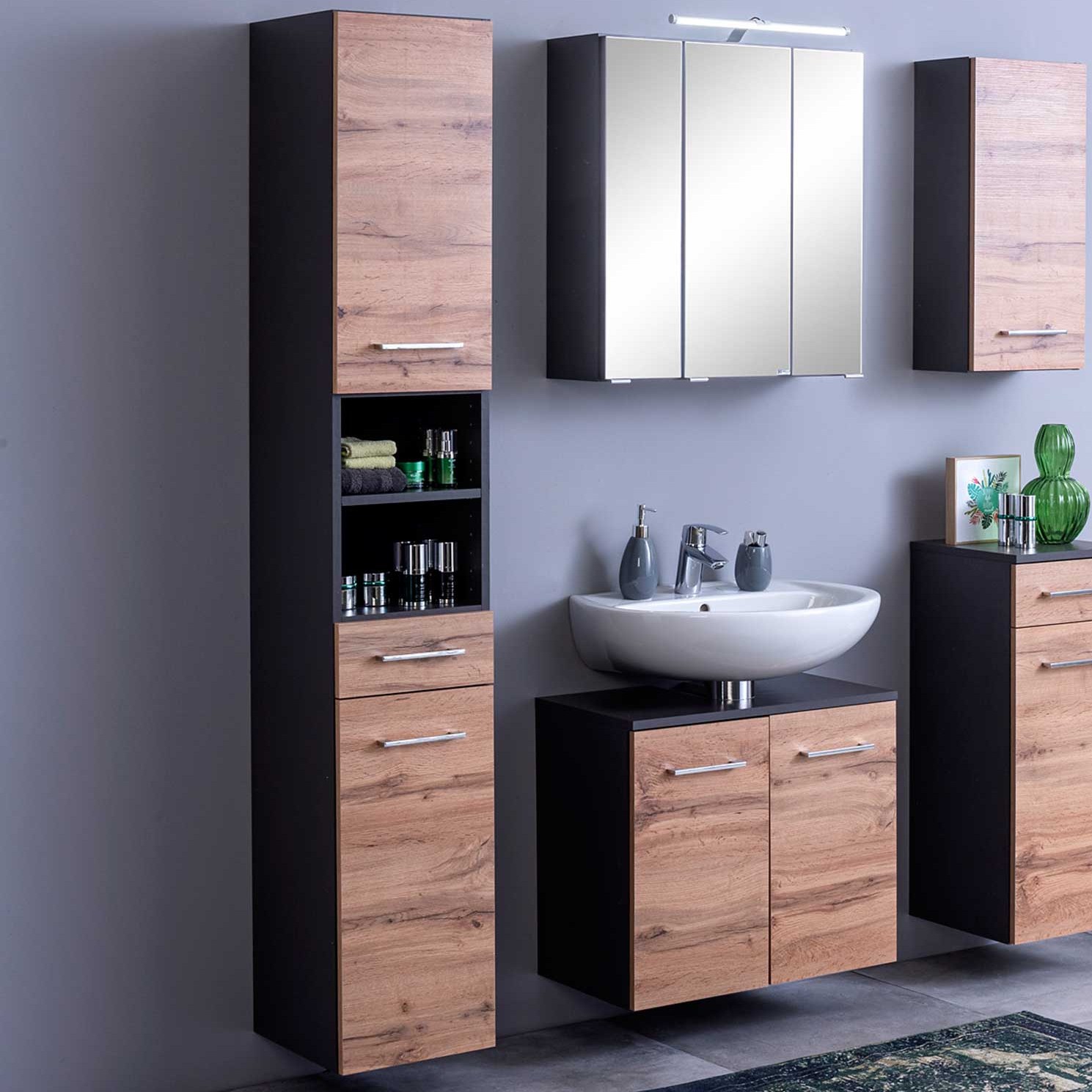 Colonne Pares 30cm 2 portes & 1 tiroir - gris graphite/chêne wotan - Image 1