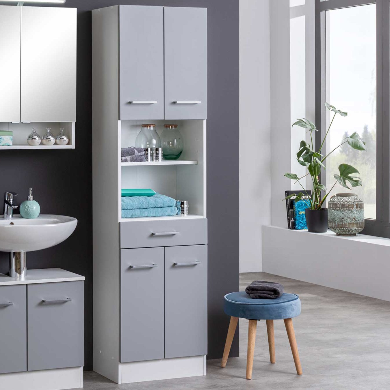 Colonne Ricca 50cm 4 portes & 1 tiroir - blanc/gris clair - Image 1