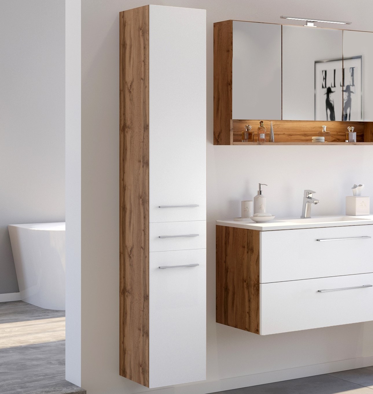 Colonne Sefa 30cm 2 portes & 1 tiroir - chêne/blanc