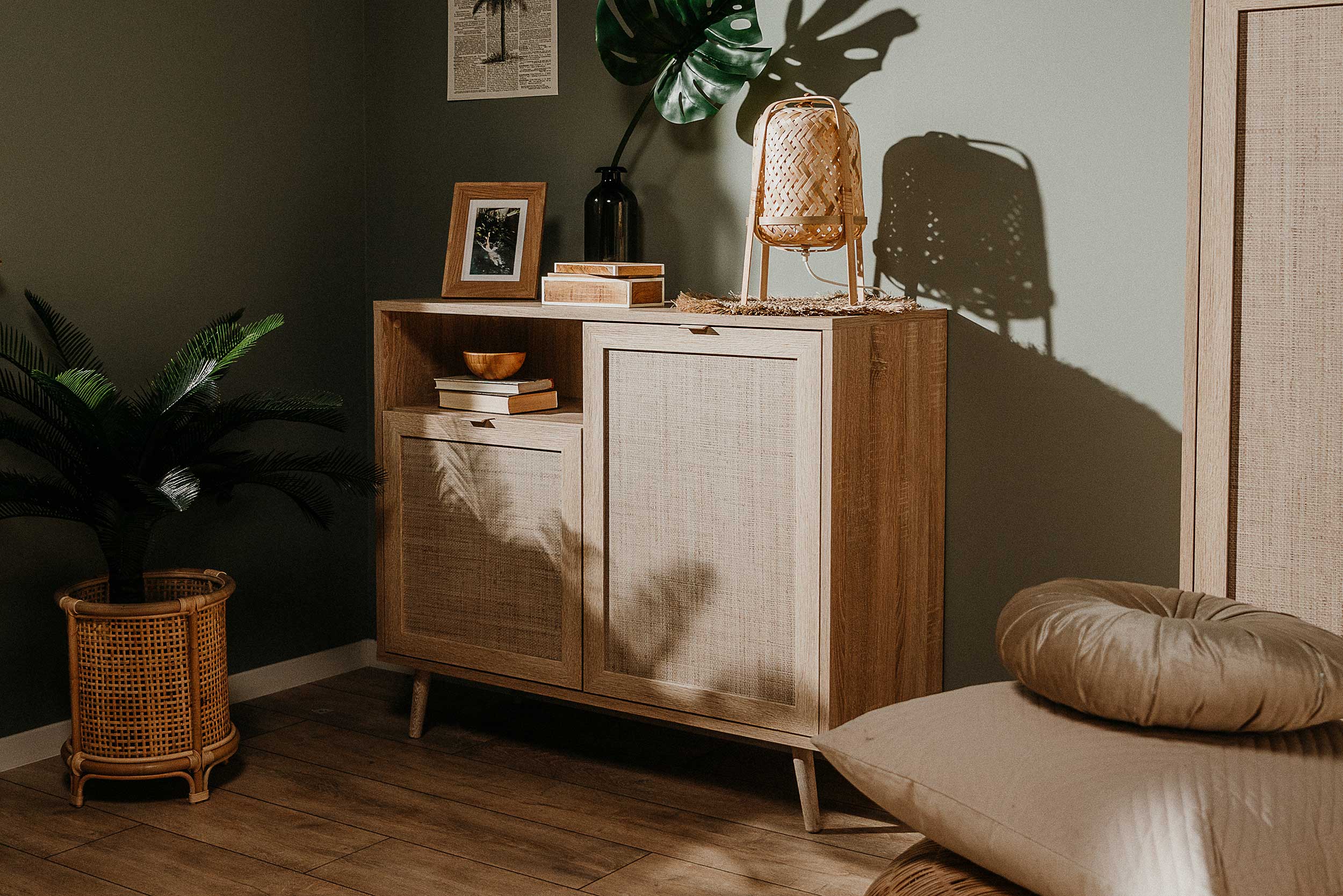 Commode Bilal 102cm 2 portes - chêne/raphia imprimé - Image 9