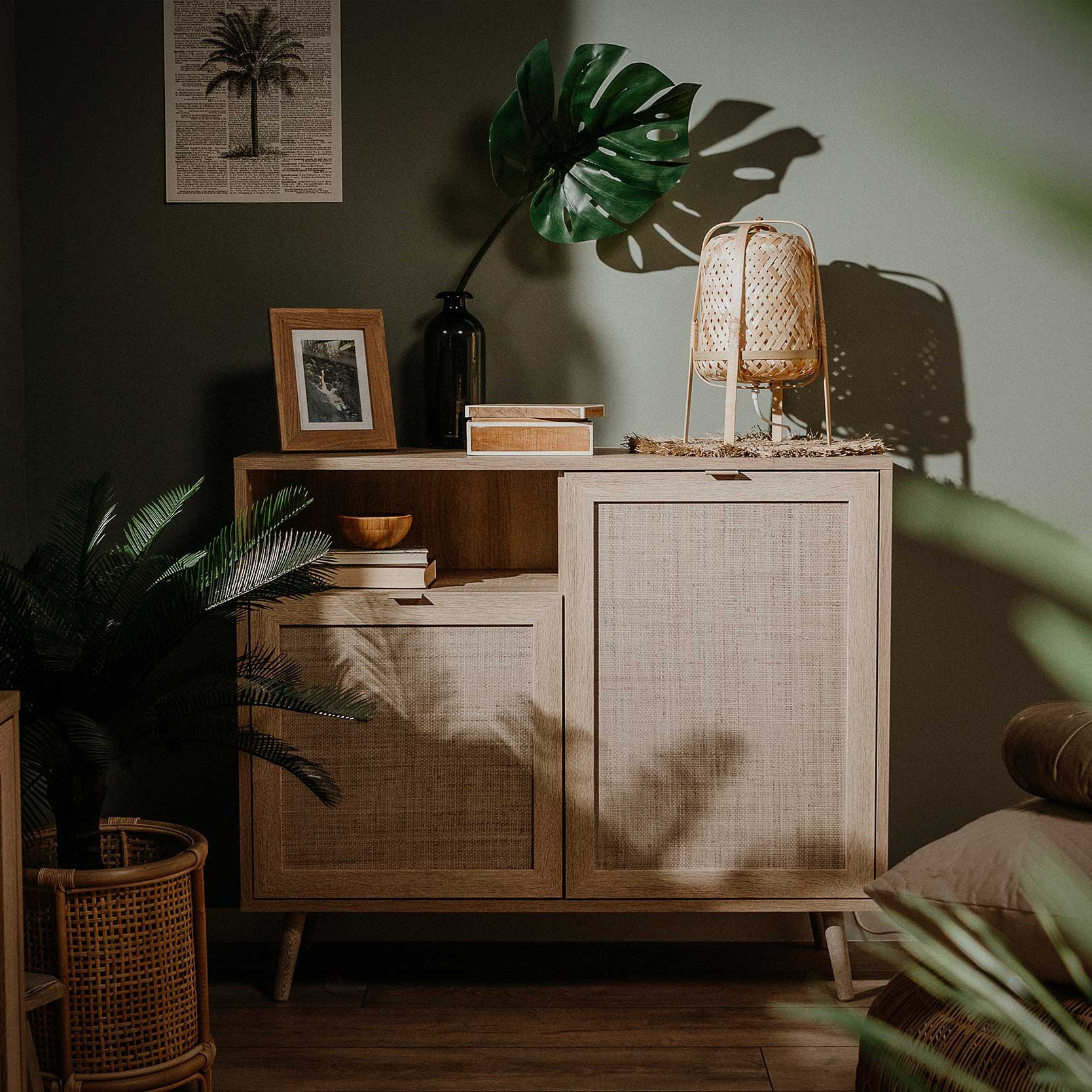 Commode Bilal 102cm 2 portes - chêne/raphia imprimé