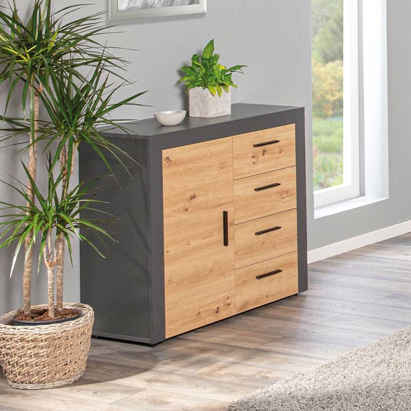 Commode Corva 94cm 1 porte & 4 tiroirs - décor chêne