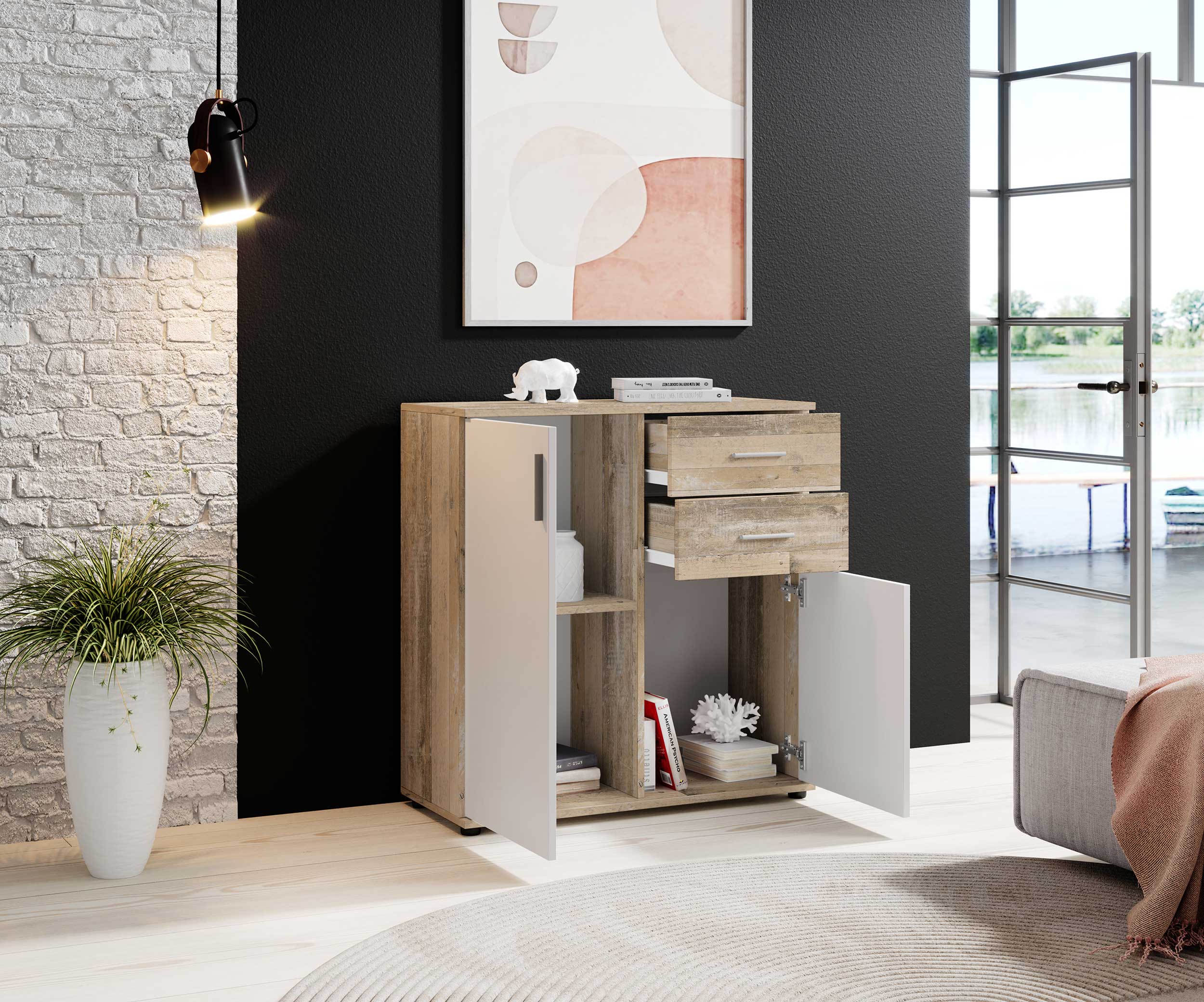 Commode Debby 2 portes 2 tiroirs - blanc/chêne - Image 5